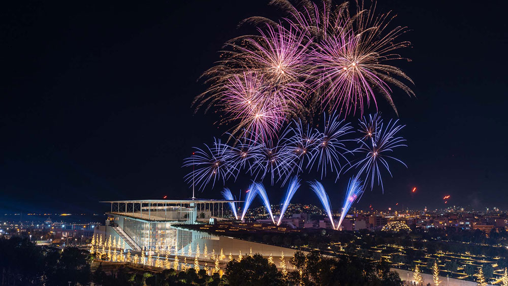 Lots of fireworks light up the sky above the Stavros Niarchos Foundation Cultural Center