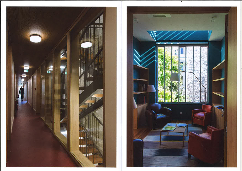 The inside of the Institute for Ideas and Imagination that features a cozy room with armchairs and bookshelves