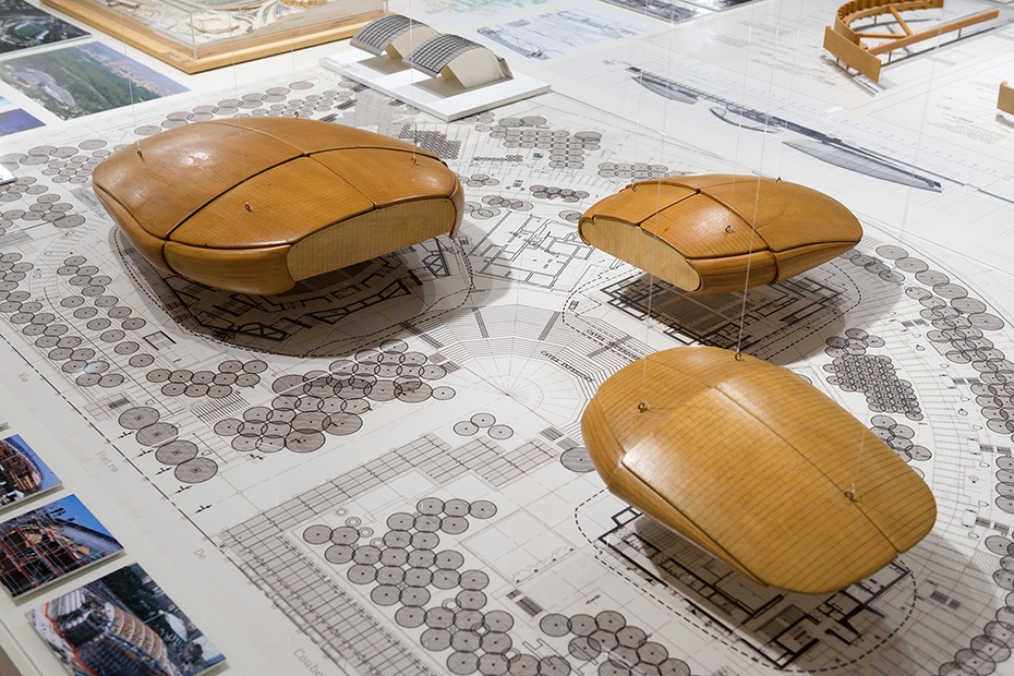 Close-up photo of a model showing the upper part of three buildings
