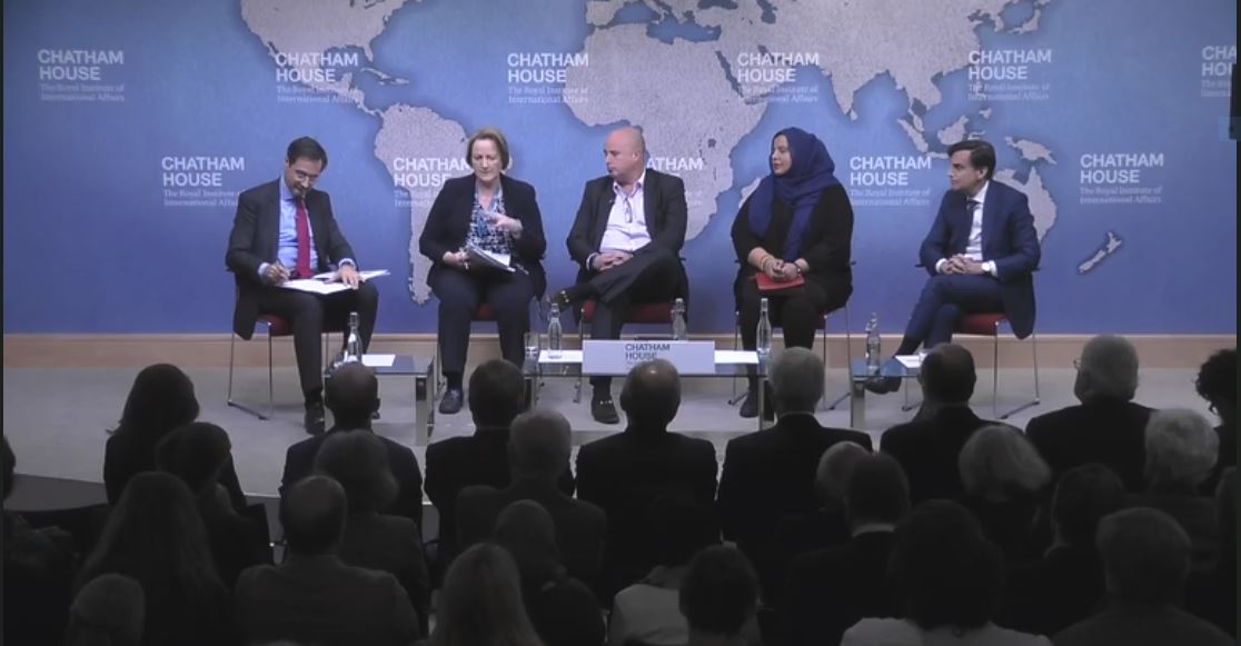 Andreas Dracopoulos, co-president of the Stavros Niarchos Foundation, sits on stage at Chatham House with four other panelists