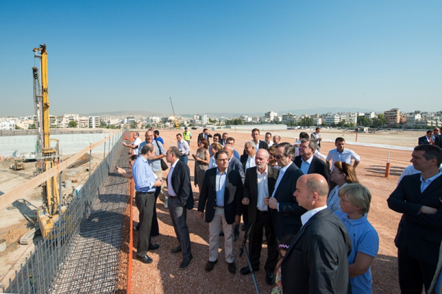 Antonis Samaras, the Prime Minister of the Hellenic Republic, and Andreas Dracopoulos, the co-president of the Stavros Niarchos Foundation stand in front of the construction site of the Stavros Niarchos Foundation