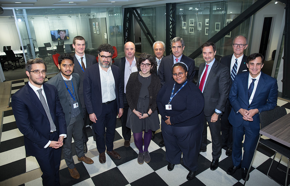 Andreas Dracopoulos, co-president of the Stavros Niarchos Foundation, stands with fellow panel participants at Chatham House