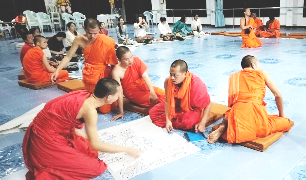A group of monks sitting on the floor, studying a map intently.