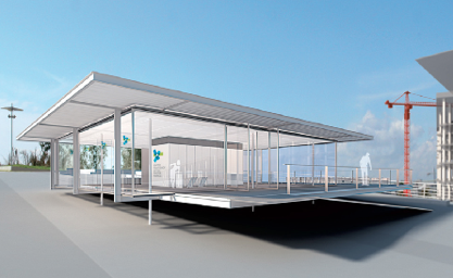 A 3D model of the winning design of the Visitor Center for the Stavros Niarchos Foundation Cultural Center from the back