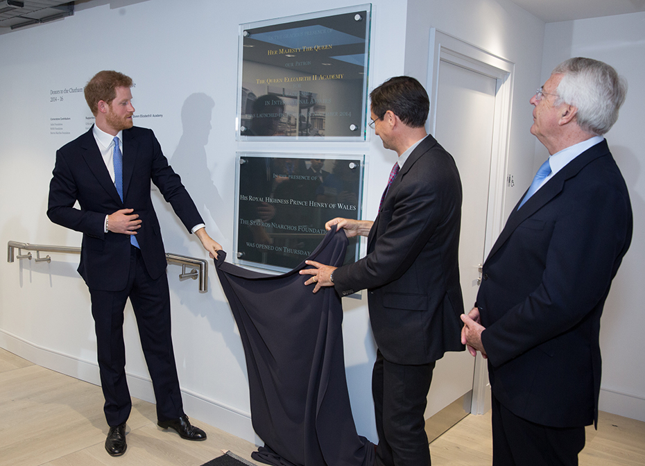 Prince Harry unveils the plaque of the Stavros Niarchos Foundation Floor at Chatham House