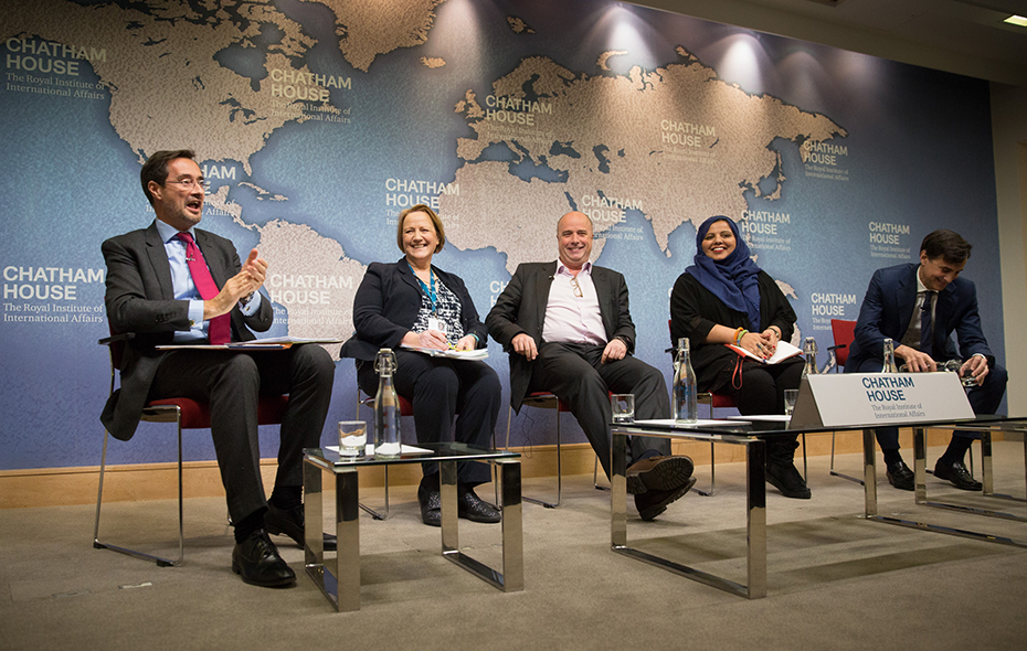 Andreas Dracopoulos, co-president of the Stavros Niarchos Foundation, sitting with fellow panel participants at Chatham House